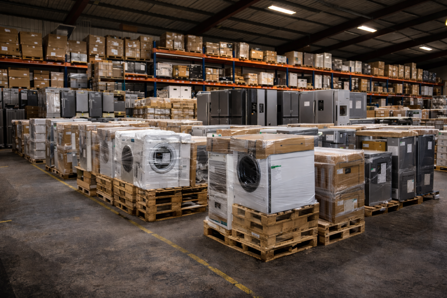 Großhandelslager mit Paletten und Haushaltsgeräten